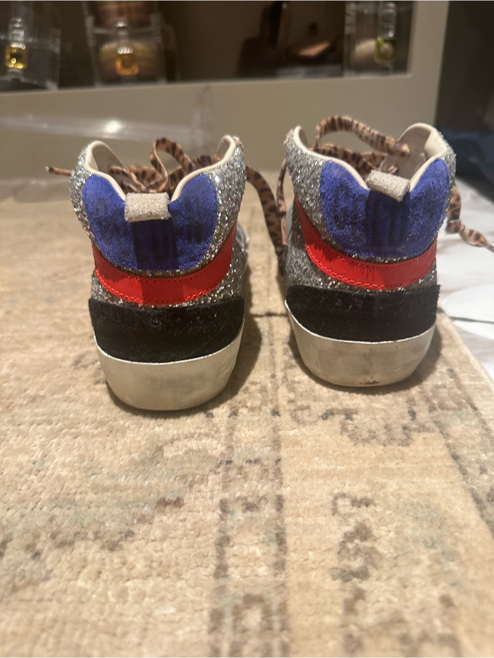 Golden Goose Glitter High-Top Sneakers with Blue, Red & Black Accents